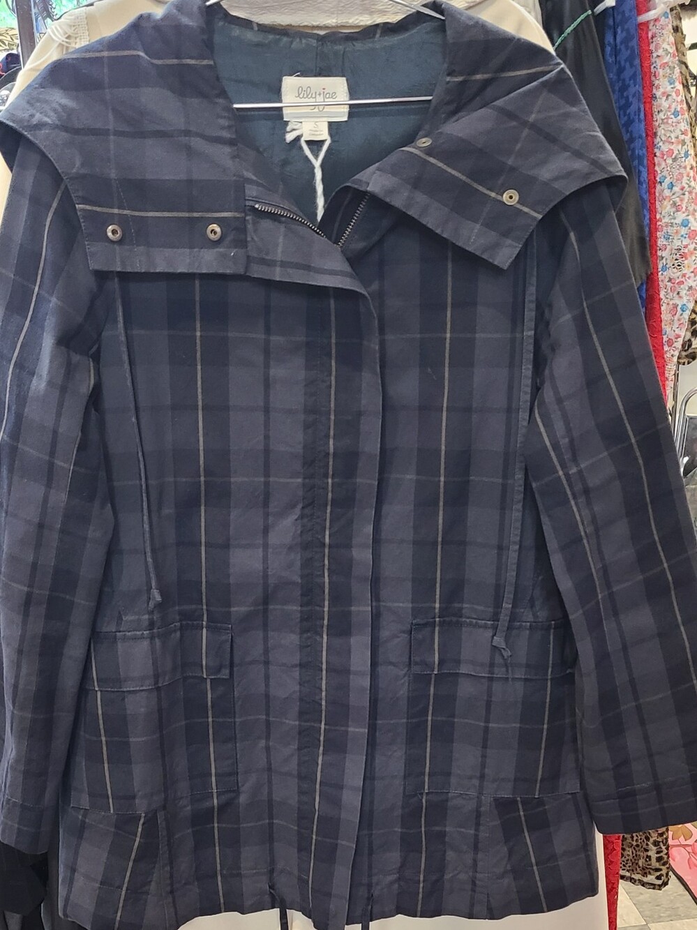 Lily + Jae Navy Plaid Hooded Jacket
